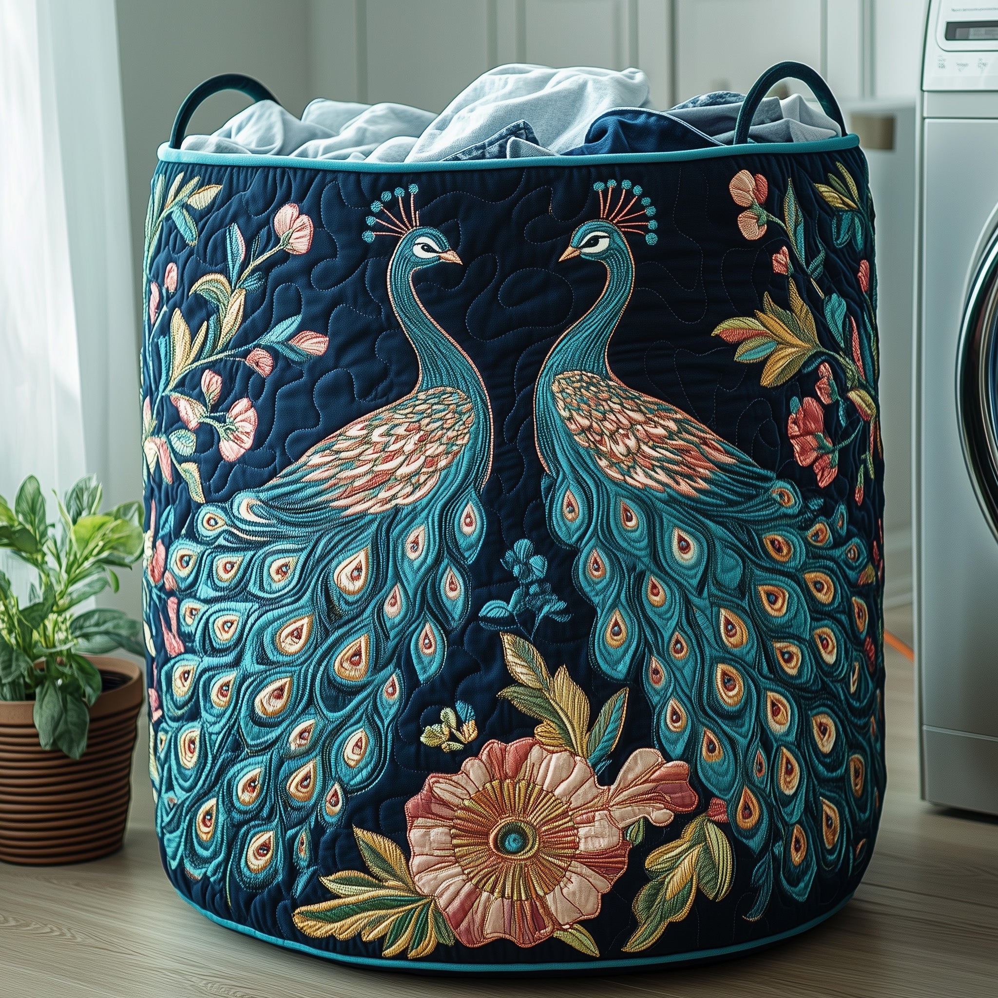 Peacock Couple Quilted Laundry Basket Floral Laundry Hamper Peacock Theme Gifts Items