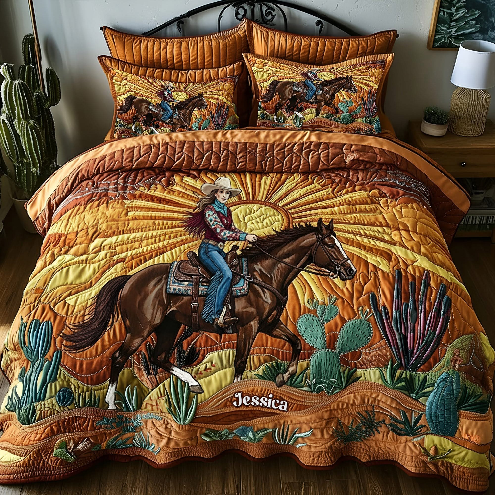 Personalized Desert Sunset Cowgirl Quilt Bedding Set Bedroom Decor Gifts For Cowgirl