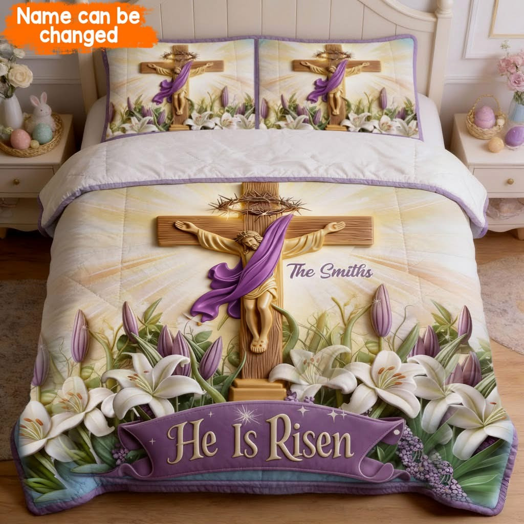 Personalized He Is Risen Quilted Bedding Set Jesus Christ Christian Bed Decor Easter Gifts
