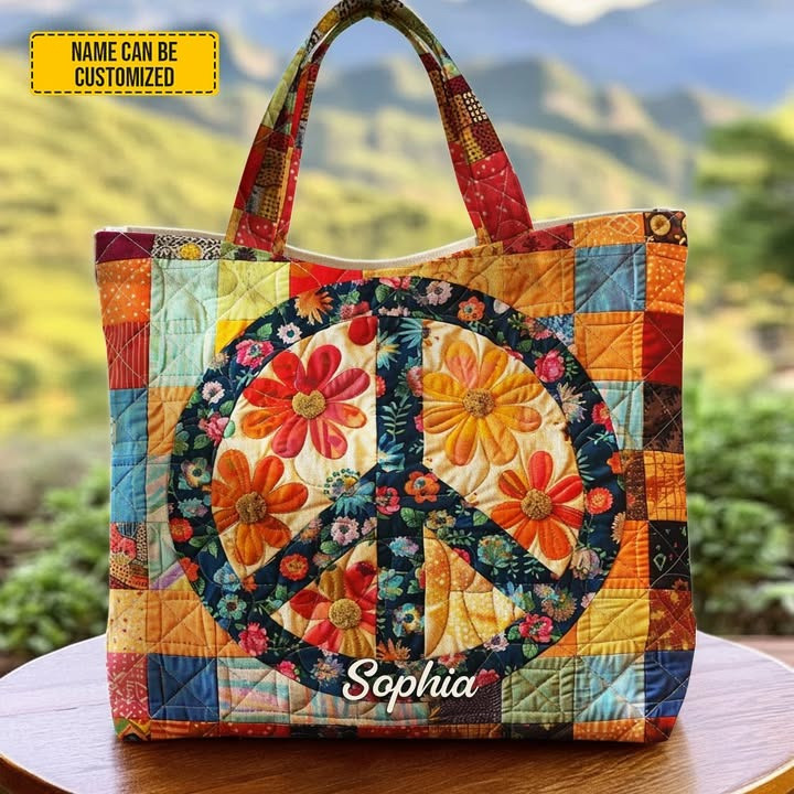 Personalized Hippie Peace Quilted Tote Bag Colorful Floral Patchwork Handbag Gifts For Her
