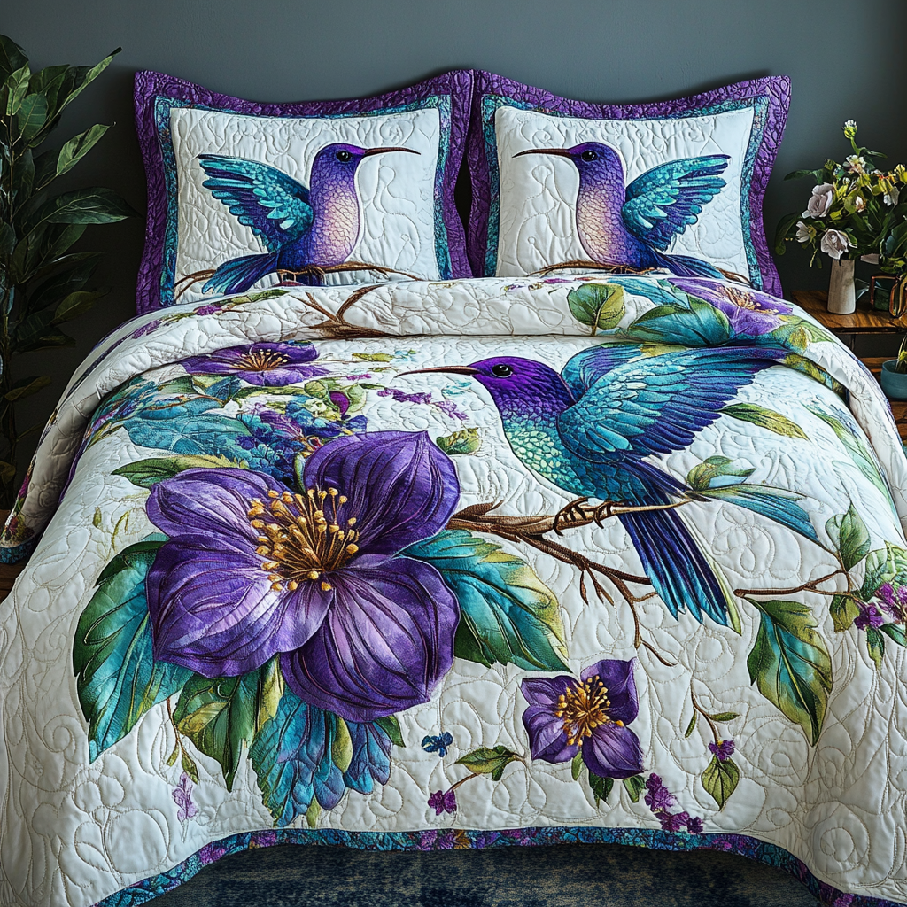 Petal Dance Quilted Bedding Set Holiday Season Duvet Cover Set Unusual Hummingbird Gifts