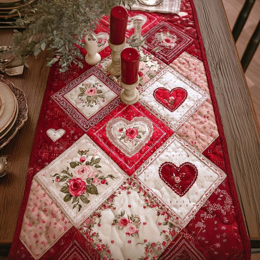 Pink Blossom Heart Quilted Table Runner Valentine's Day Dining Room Decor Gifts For Couples