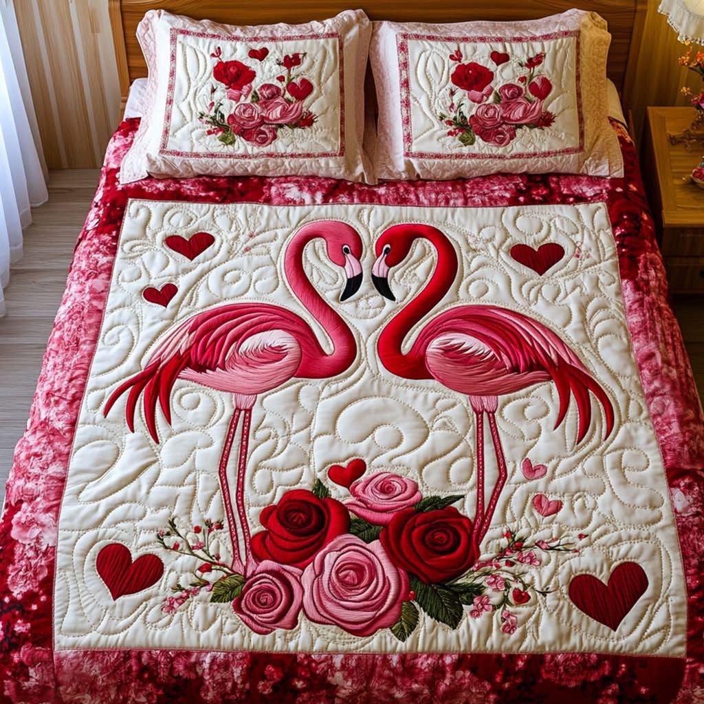 Pink Flamingo Quilted Bedding Set Heart Shape Flamingo Duvet Cover Set Romantic Bed Decor