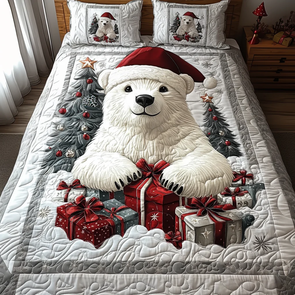 Polar Bear Arctic Cheer Quilted Bedding Set Best Christmas Duvet Cover Set Gifts Ideas