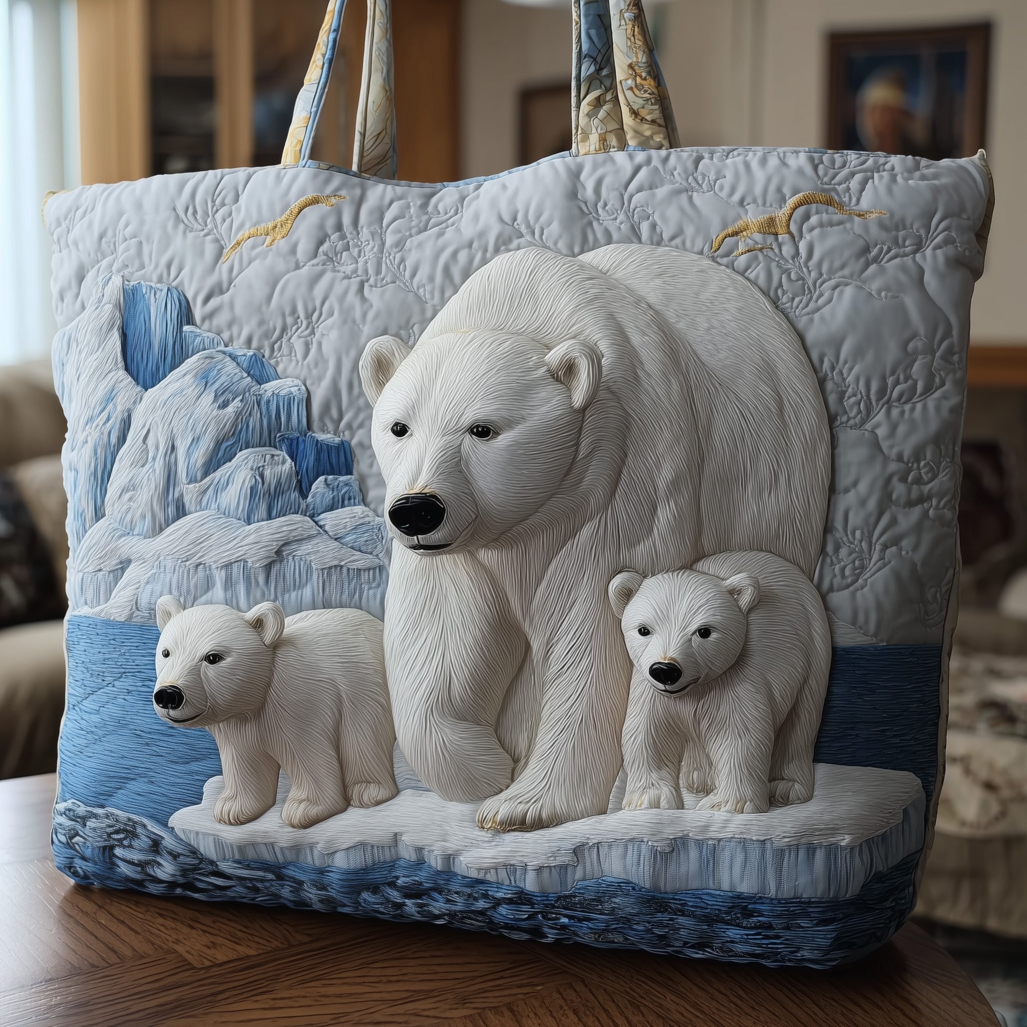 Polar Bear On Glacier Quilted Tote Bag Animal Shoulder Bag For Women Gifts For Bear Lovers
