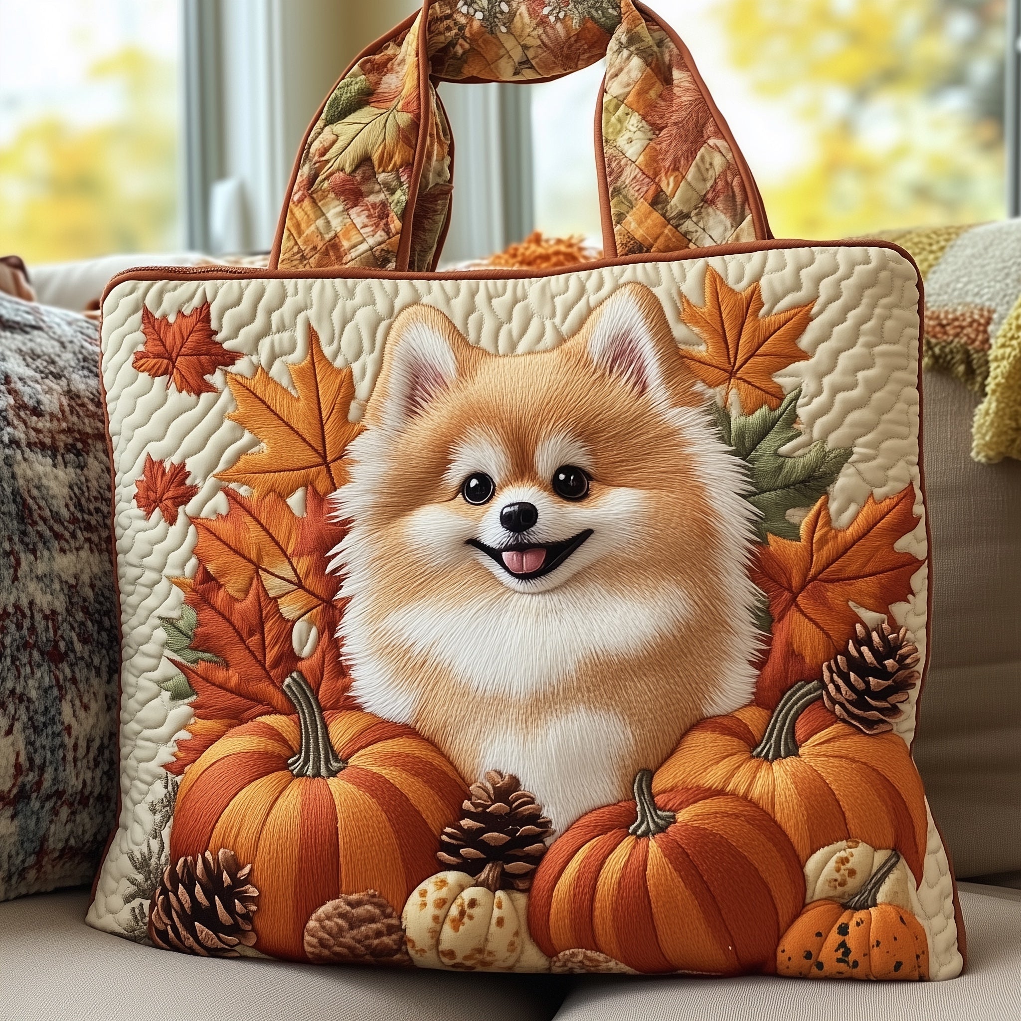 Pomeranian Quilted Tote Bag Cute Autumn Themed Shoulder Bag Gifts For Dog Lovers
