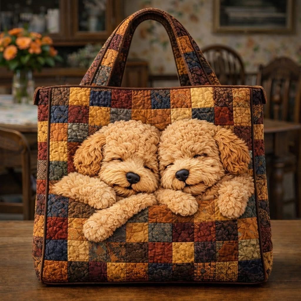 Poodle Duo Sleeping Quilted Tote Bag Cute Animal Patchwork Handbag Gift For Poodle Lovers
