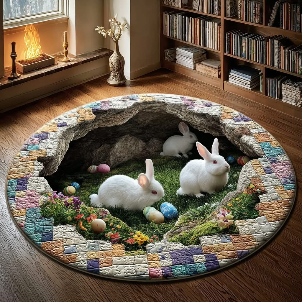 Rabbit Easter Meadow Grotto Quilted Round Mat Indoor Round Rugs Happy Easter Decorations
