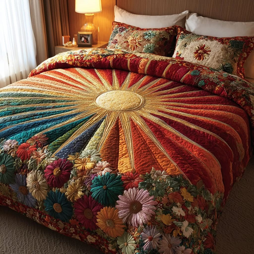 Radiant Sunburst Floral Quilted Bedding Set Vibrant Sunbeam Patchwork Bed Sheet Set Home Decor
