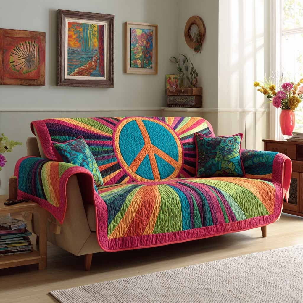 Rainbow Commune Quilted Sofa Cover Peace Sign Covers For Sofas Hippie Home Decor Gift Ideas