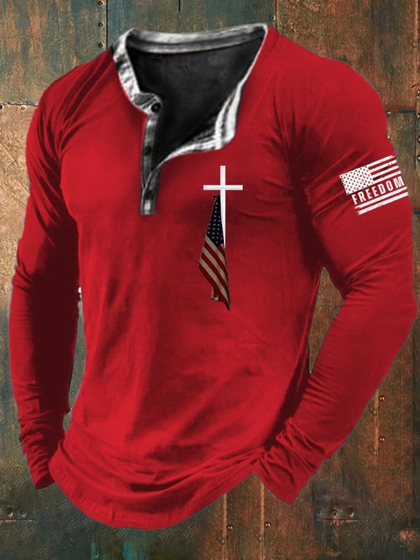 Red Charlie Kirk Freedom Button Long Sleeve Shirt Cross American Flag Memorial Merch Apparel - Image 2