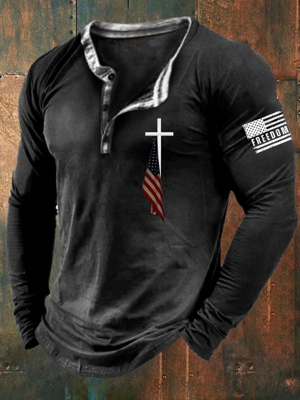 Red Charlie Kirk Freedom Button Long Sleeve Shirt Cross American Flag Memorial Merch Apparel