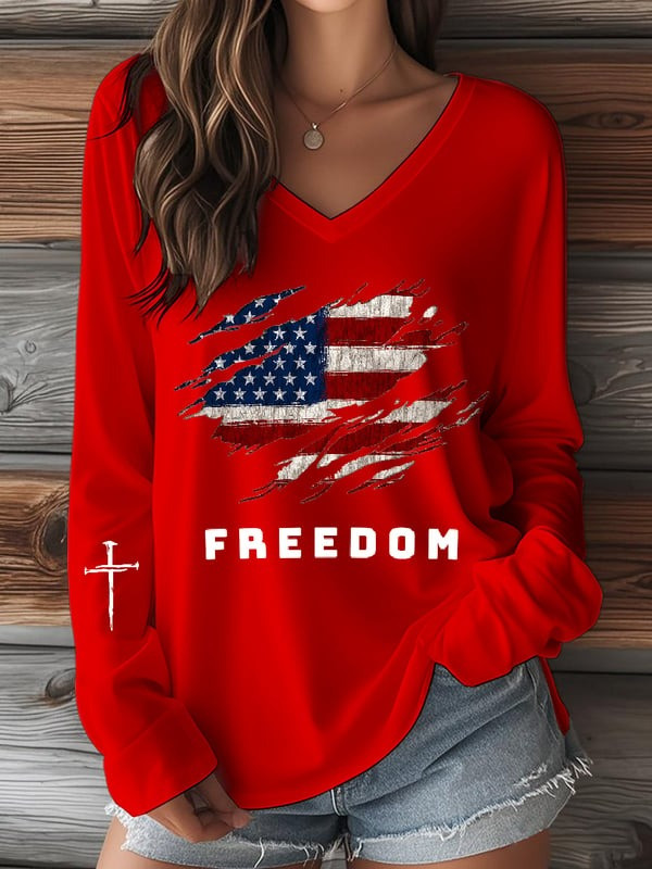 Red Charlie Kirk Freedom Long Sleeve V-Neck Shirt Womens American Flag Memorial Day Clothing