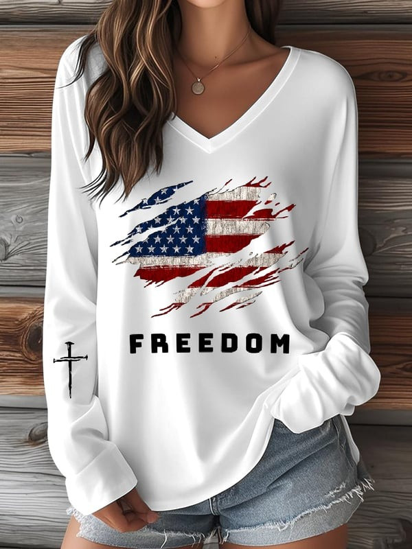 Red Charlie Kirk Freedom Long Sleeve V-Neck Shirt Womens American Flag Memorial Day Clothing - Image 2