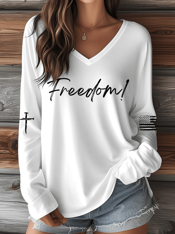 Red Charlie Kirk Freedom Long Sleeve V-Neck Shirt Women's October 14 Charlie Kirk Day Merch - Image 2