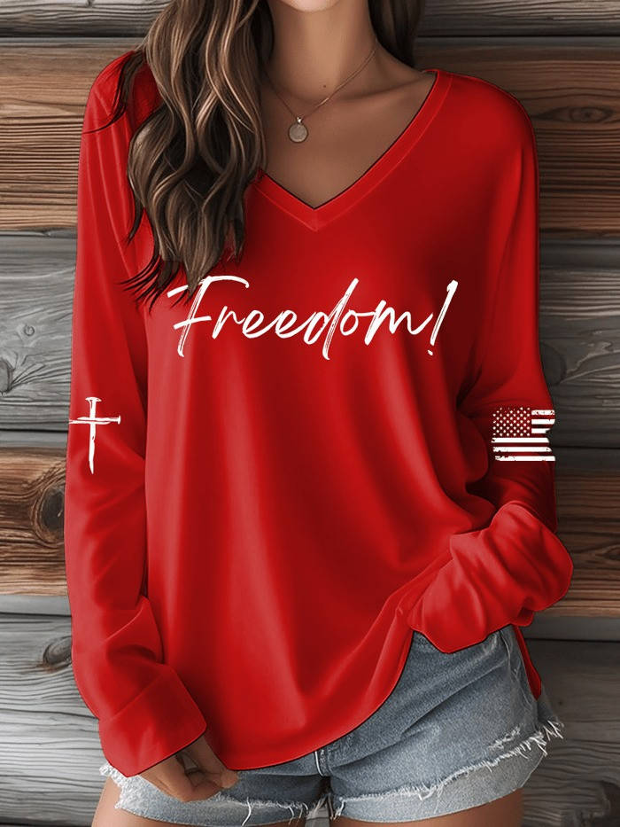 Red Charlie Kirk Freedom Long Sleeve V-Neck Shirt Women's October 14 Charlie Kirk Day Merch
