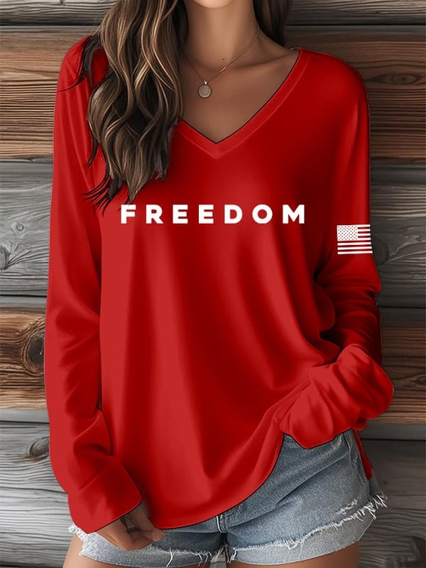 Red Charlie Kirk Freedom Long Sleeve V-Neck Shirt Women's Wear Red For Charlie Kirk Day - Image 2