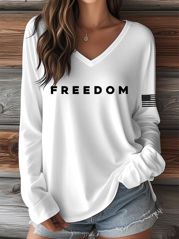 Red Charlie Kirk Freedom Long Sleeve V-Neck Shirt Women's Wear Red For Charlie Kirk Day