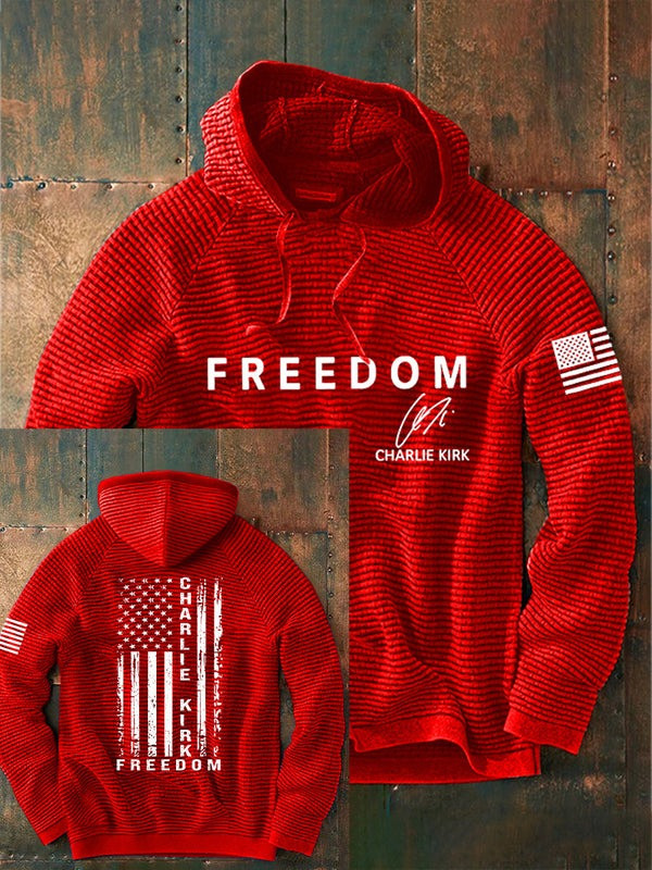 Red Charlie Kirk Freedom Merch Waffle Hoodie Signed Charlie Kirk Was Wearing Wore Clothing - Image 3