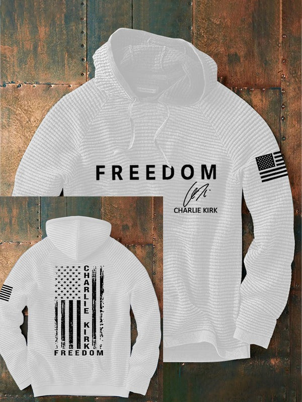 Red Charlie Kirk Freedom Merch Waffle Hoodie Signed Charlie Kirk Was Wearing Wore Clothing
