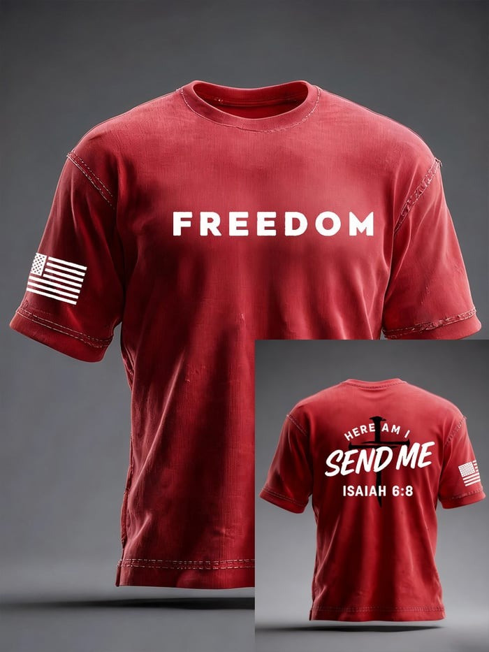 Red Charlie Kirk Freedom T-Shirt Here Am I Send Me Faith Christian Clothing For Supporters - Image 2