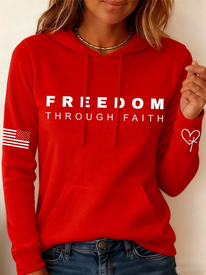 Red Charlie Kirk Freedom Through Faith Hoodie Wear Red On October 14 Birthday Tribute Merch - Image 2