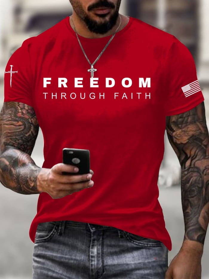 Red Charlie Kirk Freedom Through Faith T-Shirt Wear Red On October 14 Birthday Tribute - Image 2
