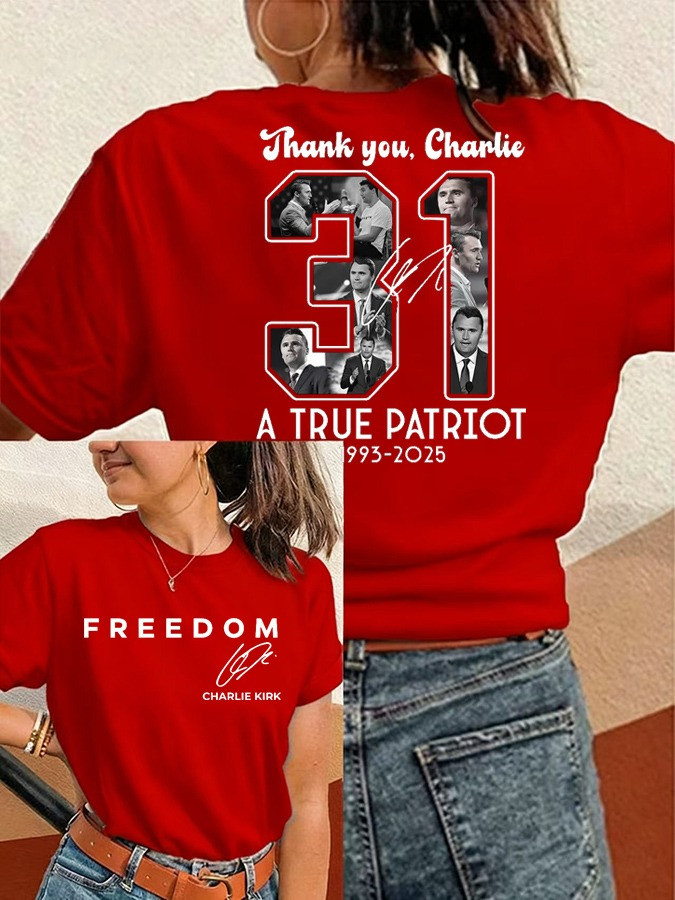 Red Charlie Kirk Freedom V-Neck Long Sleeve Shirt Thank You Charlie October 14 Birthday - Image 2
