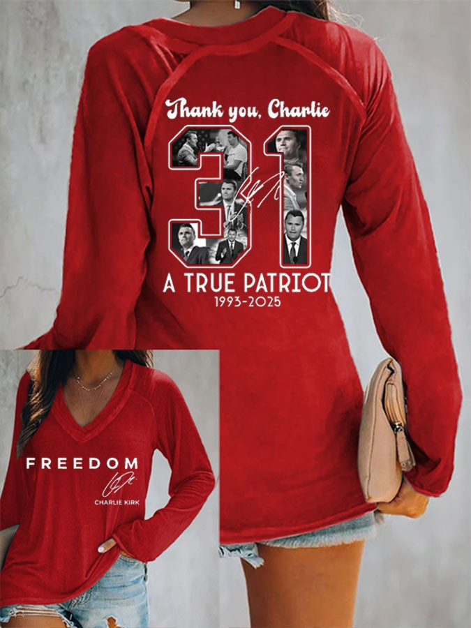 Red Charlie Kirk Freedom V-Neck Long Sleeve Shirt Thank You Charlie October 14 Birthday