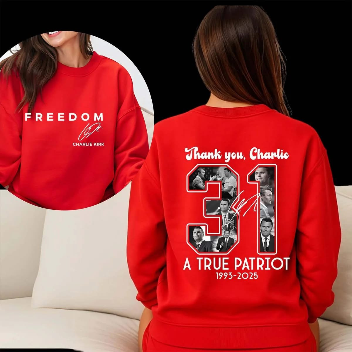 Red Charlie Kirk Freedom V-Neck Long Sleeve Shirt Thank You Charlie October 14 Birthday - Image 3