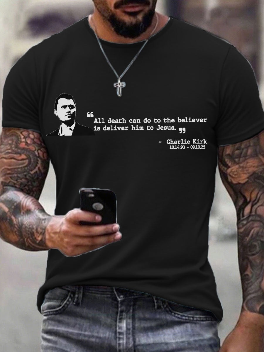 Red Charlie Kirk Memorial Shirt All Death Can Do To The Believer Is Deliver Him To Jesus - Image 2