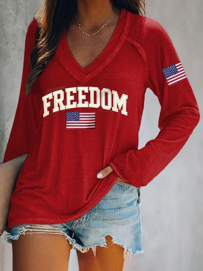Red Freedom Charlie Kirk Long Sleeve V-Neck Shirt Women's Wear Red Day 2025 Memorial Merch