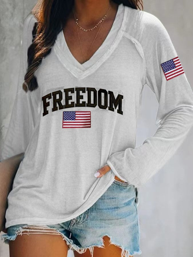 Red Freedom Charlie Kirk Long Sleeve V-Neck Shirt Women's Wear Red Day 2025 Memorial Merch - Image 2
