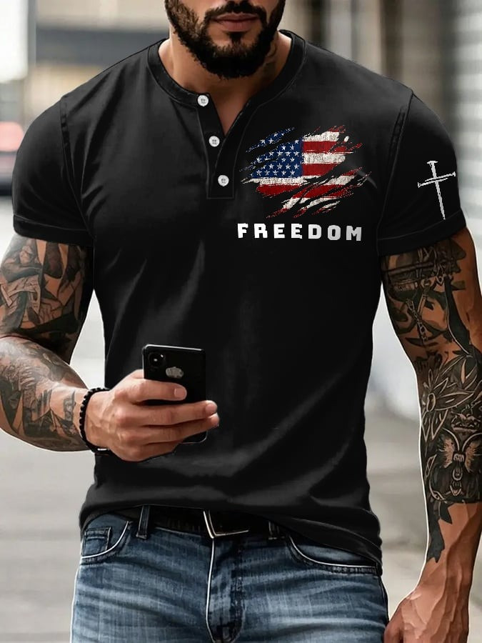 Red Freedom Charlie Kirk Quarter Button Up Henley Shirt Faith Cross American Flag Memorial