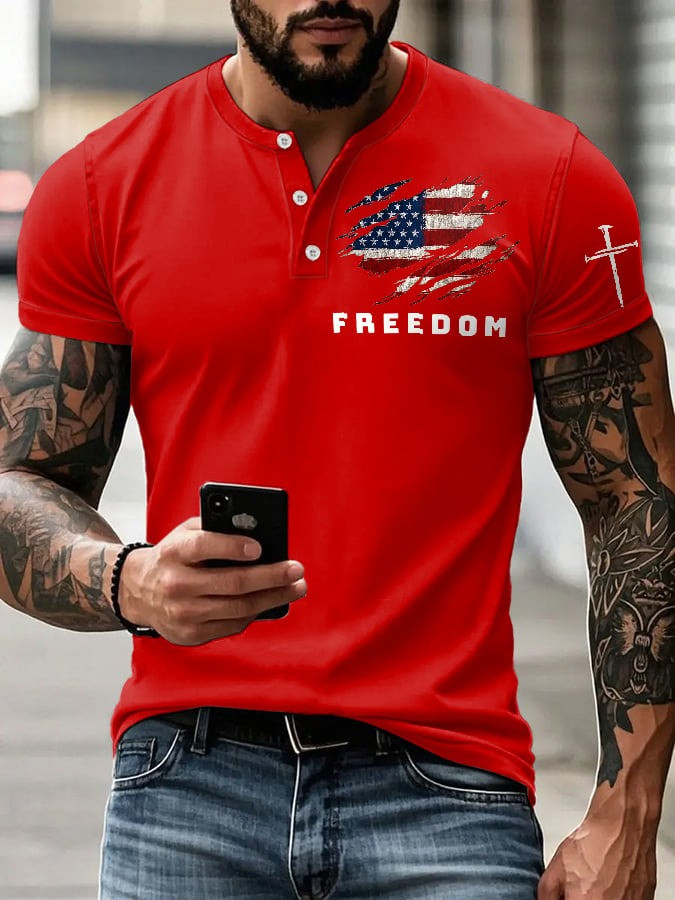 Red Freedom Charlie Kirk Quarter Button Up Henley Shirt Faith Cross American Flag Memorial - Image 3