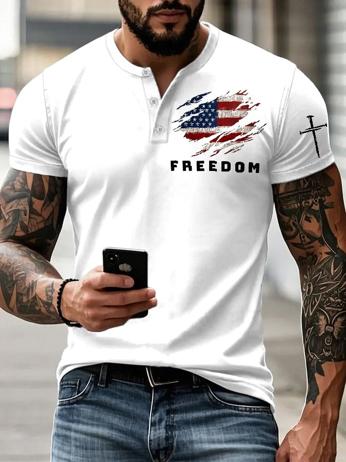 Red Freedom Charlie Kirk Quarter Button Up Henley Shirt Faith Cross American Flag Memorial - Image 2