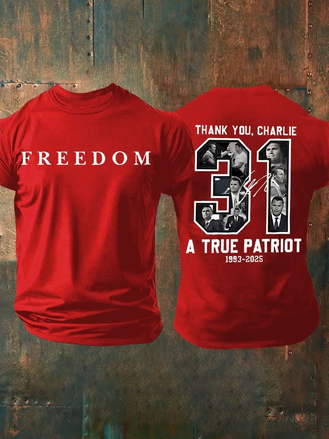 Red Freedom Charlie Kirk V-Neck T-Shirt Thank You 31 A True Patriot For Supporters Apparel - Image 2