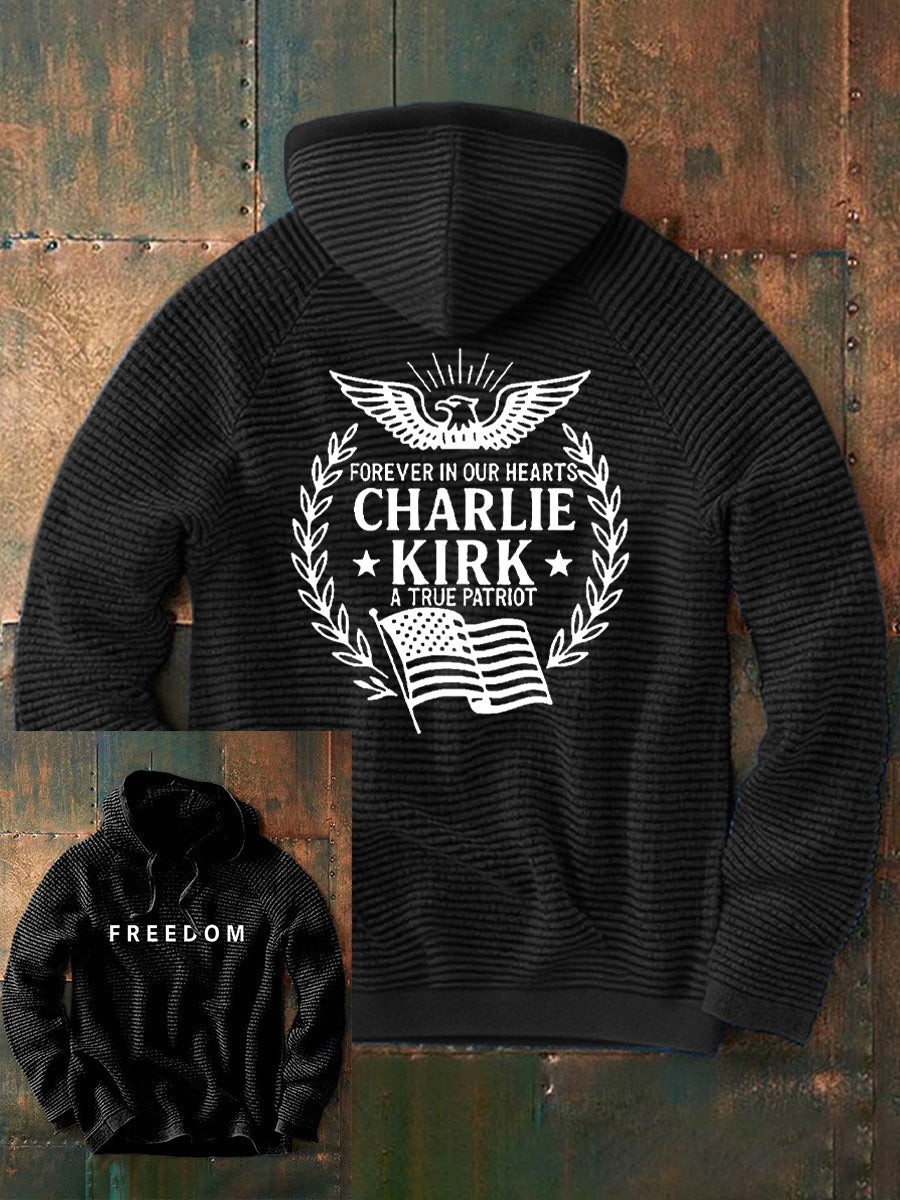 Red Freedom Charlie Kirk Waffle Hoodie Forever In Our Heart A True Patriot Memorial Clothing - Image 2