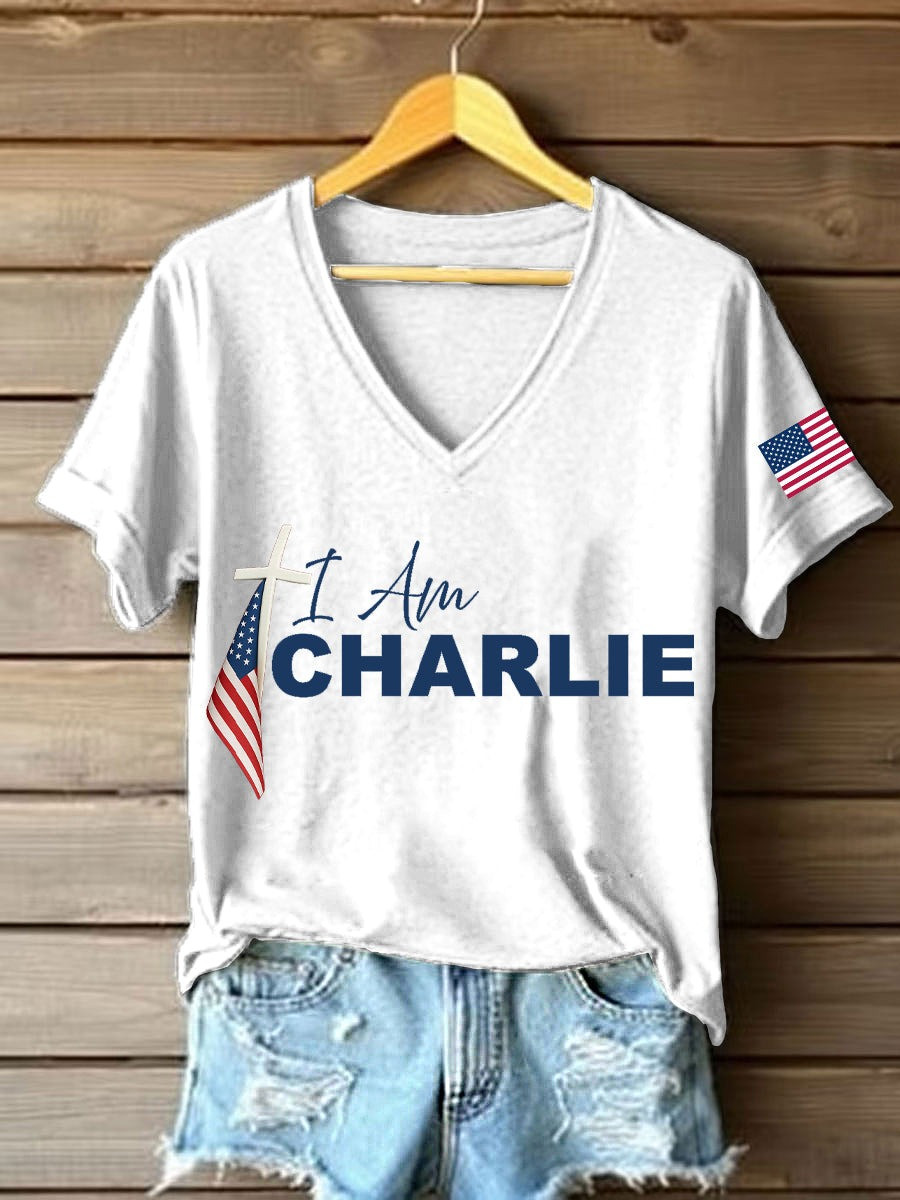 Red I Am Charlie Kirk V-Neck Shirt Women's Wear Red On October 14 Birthday Tribute Apparel - Image 2