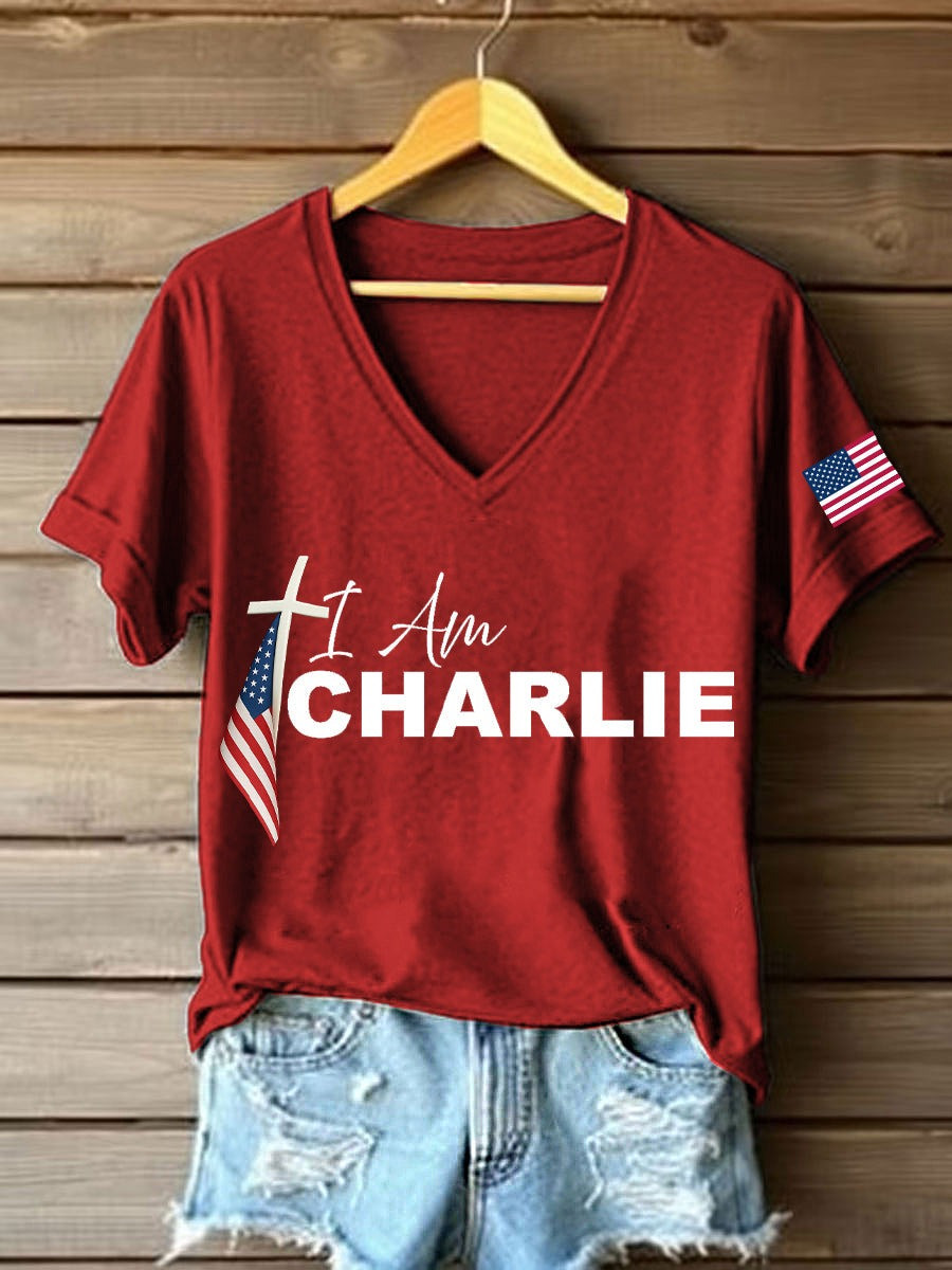 Red I Am Charlie Kirk V-Neck Shirt Women's Wear Red On October 14 Birthday Tribute Apparel