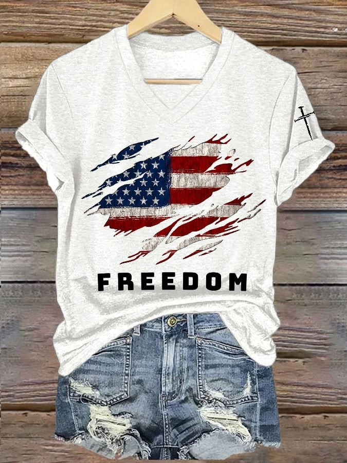 Red RIP Charlie Kirk Freedom V-Neck Tee Shirt Women's Tribute Wear Red For Charlie Kirk Day - Image 2