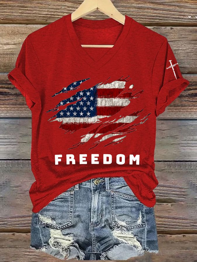 Red RIP Charlie Kirk Freedom V-Neck Tee Shirt Women's Tribute Wear Red For Charlie Kirk Day - Image 3