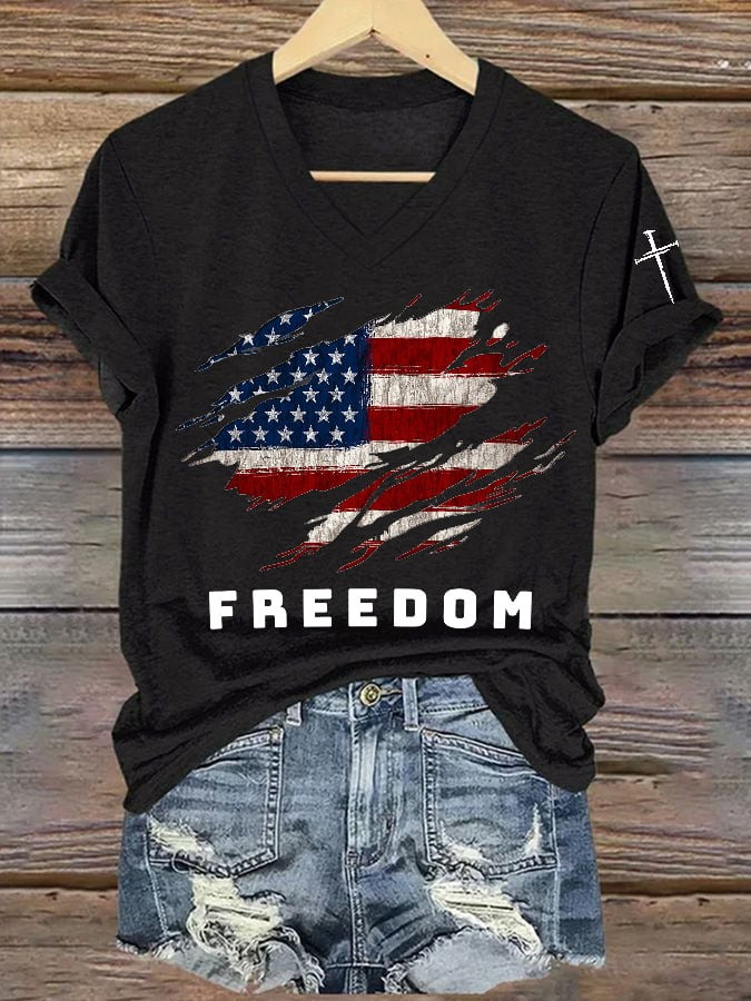 Red RIP Charlie Kirk Freedom V-Neck Tee Shirt Women's Tribute Wear Red For Charlie Kirk Day