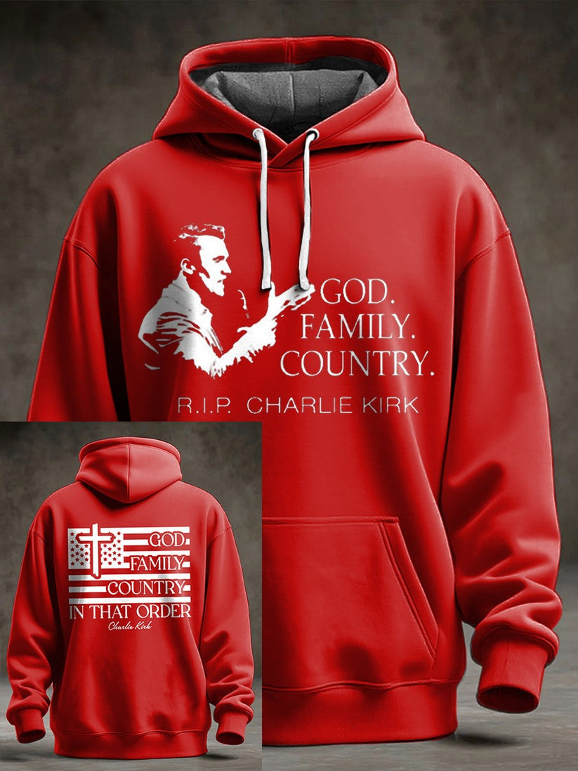 Red RIP Charlie Kirk Memorial Merch Hoodie God Family Country In That Order Wear Red Day - Image 2
