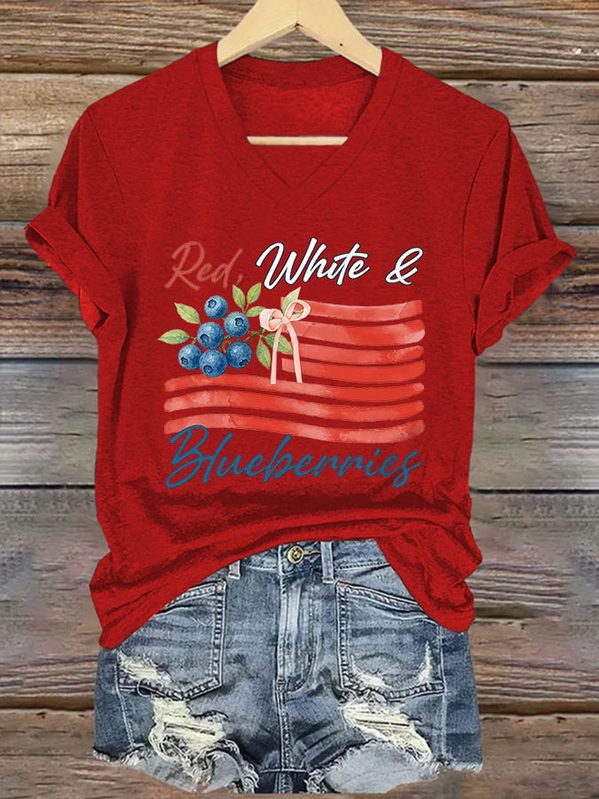 Red White And Blueberries Charlie Kirk V-Neck Shirt Women's Remembrance Wear Red Day Clothes