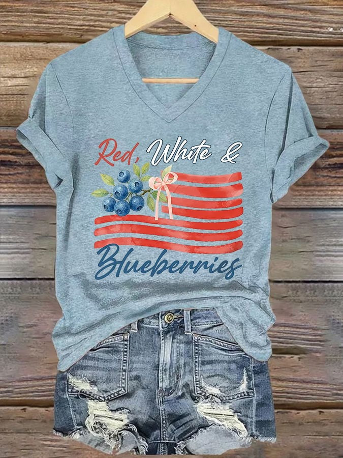 Red White And Blueberries Charlie Kirk V-Neck Shirt Women's Remembrance Wear Red Day Clothes - Image 2