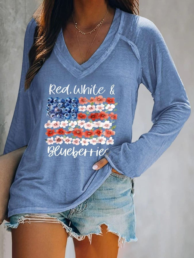 Red White And Blueberries Long Sleeve Shirt V-Neck Shirt Women's RIP Charlie Kirk Day Apparel - Image 2