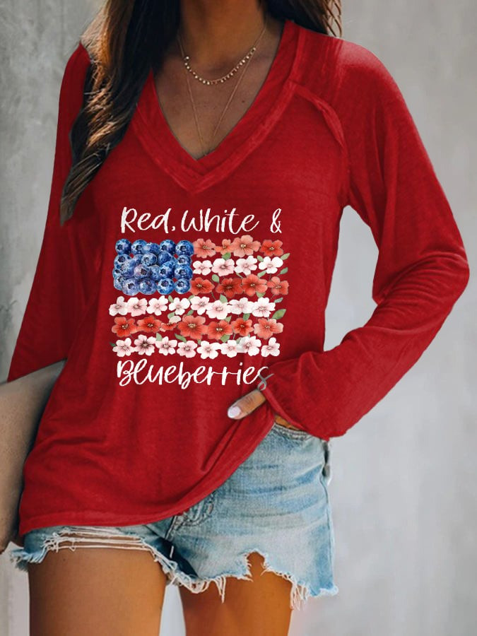 Red White And Blueberries Long Sleeve Shirt V-Neck Shirt Women's RIP Charlie Kirk Day Apparel