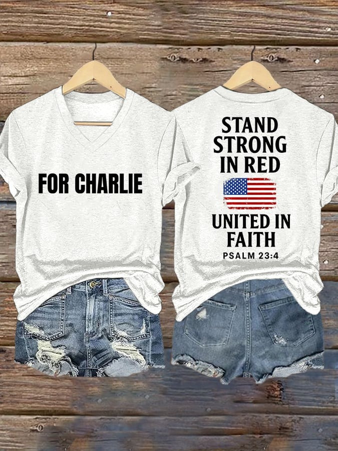 RIP Charlie Kirk V-Neck Shirt Stand Strong In Red Justice For Charlie Kirk Clothing - Image 2