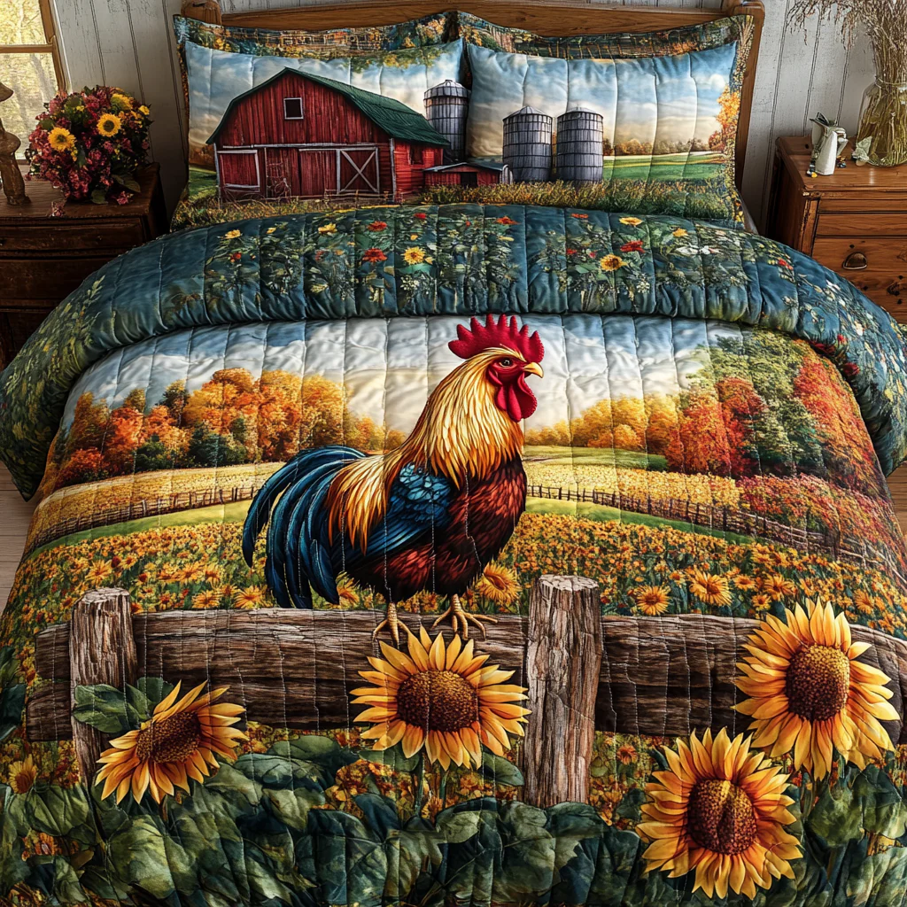 Rooster Barnyard Bliss Quilted Bedding Set Sunflower Bed Sheet Set Gifts For Farmers